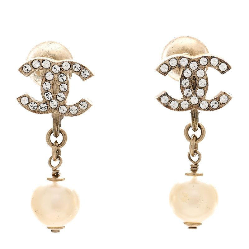  Chanel Pearl Crystal CC Drop Clip On Earrings Gold White