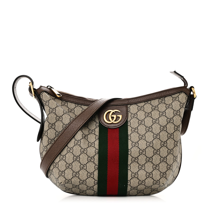  Gucci GG Supreme Monogram Web Small Ophidia Half Moon Hobo Brown