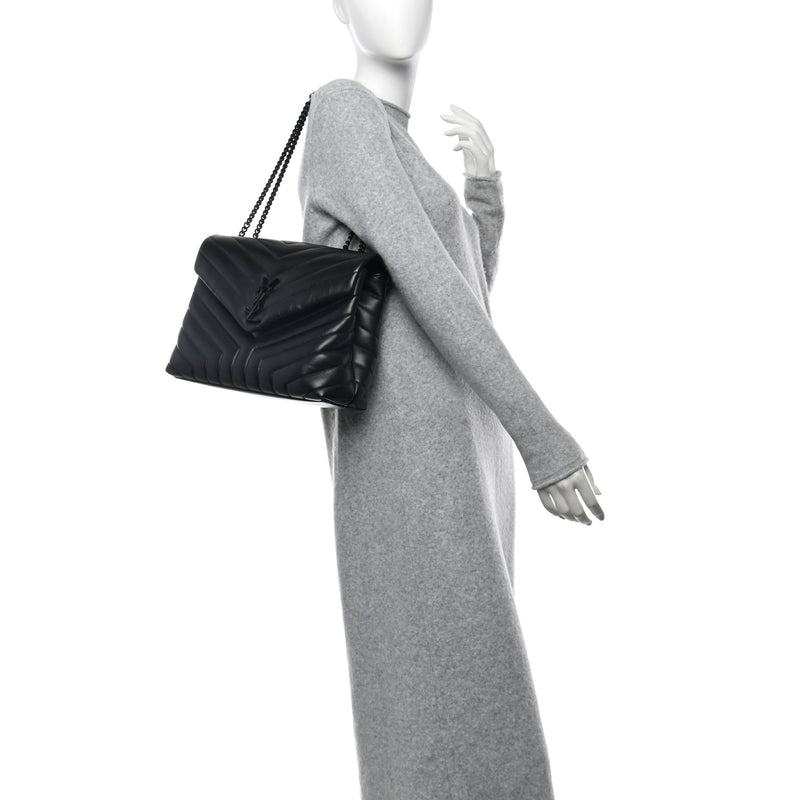  Saint Laurent Calfskin Y Quilted Monogram Monochrome Medium Loulou Chain Satchel Black