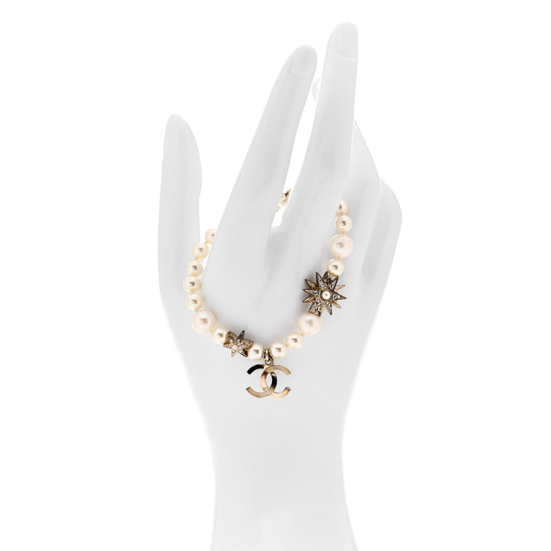  Chanel Pearl Crystal Star CC Bracelet Gold