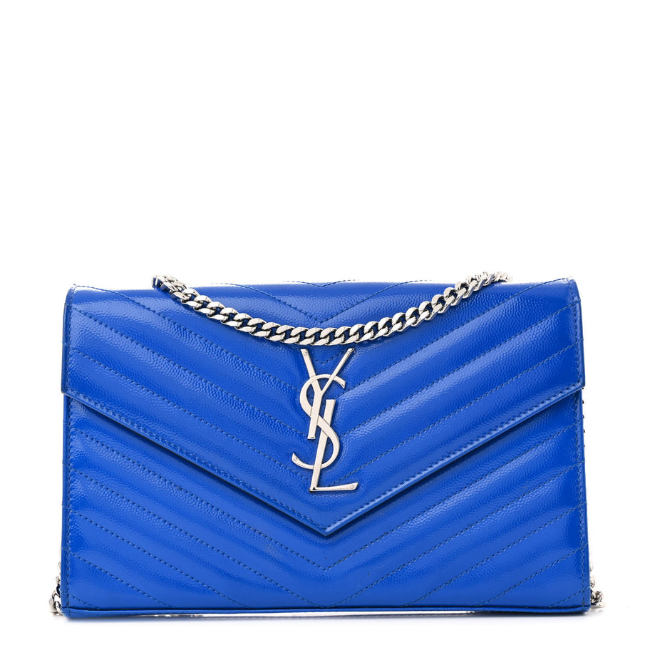 Saint Laurent Patent Grain De Poudre Matelasse Chevron Monogram Chain Wallet Blue Majorelle Image 1