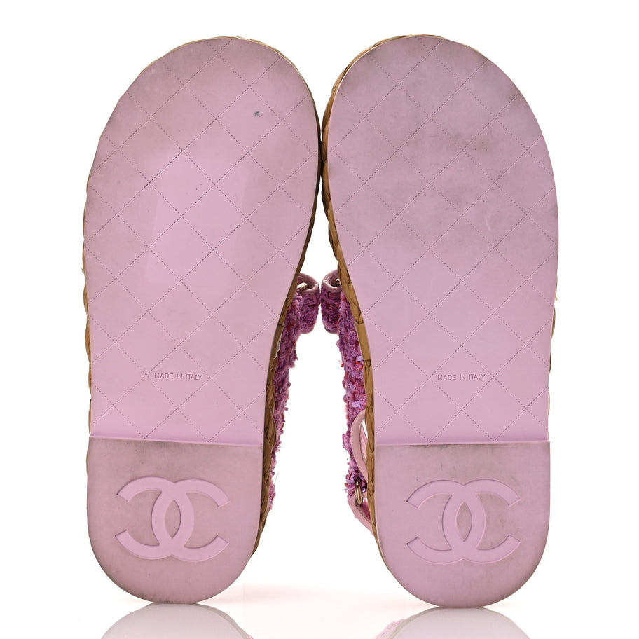 Chanel Tweed Patent Calfskin Velcro Dad Sandals 36 Light Purple Pink Red Image 7