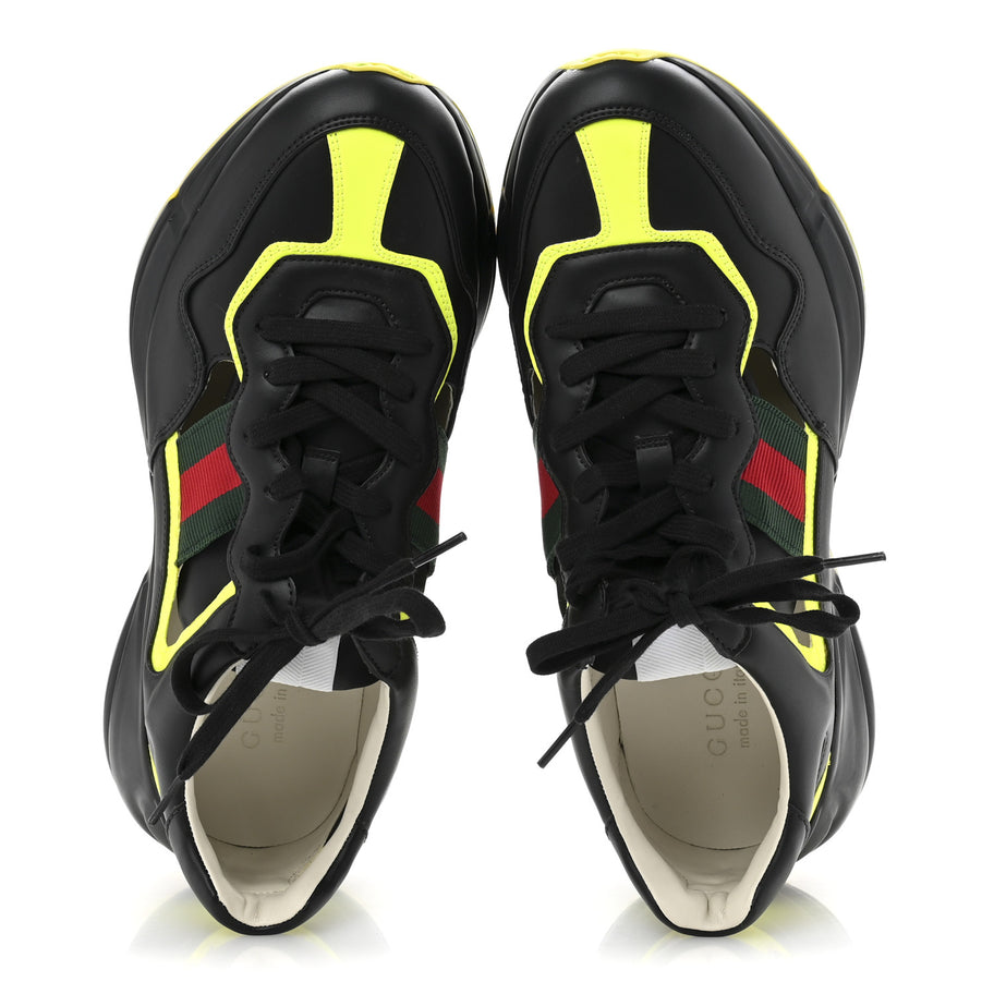 Gucci Demetra Web Mens Rhyton Cut Out Sneakers 10 Black Yellow Fluo Image 2