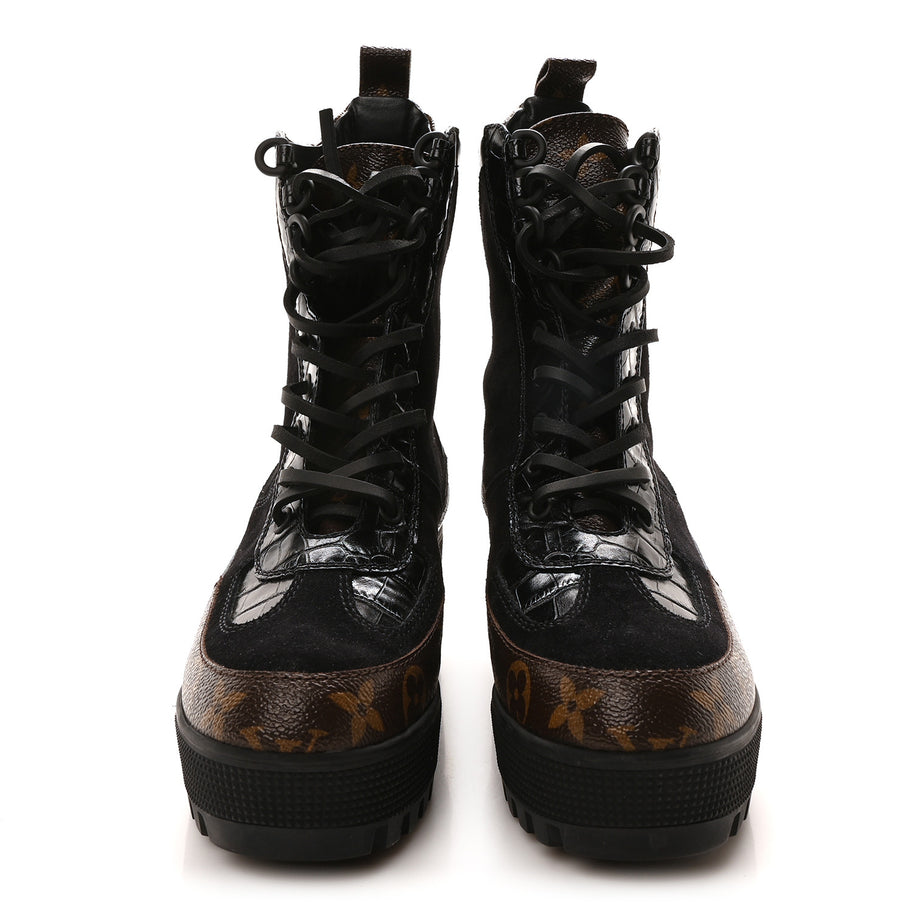 Louis Vuitton Suede Calfskin Monogram Laureate Platform Desert Boots Black Image 3