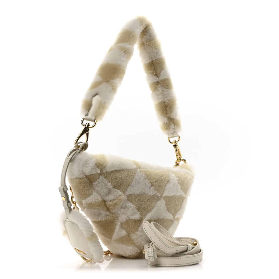 Prada Shearling Symbole Mini Triangle Bag Ecru White Image 3