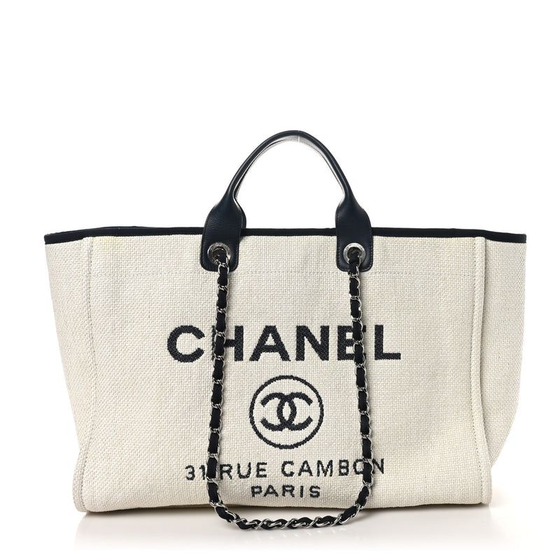  Chanel Woven Straw Raffia Extra Large Deauville Tote White Navy