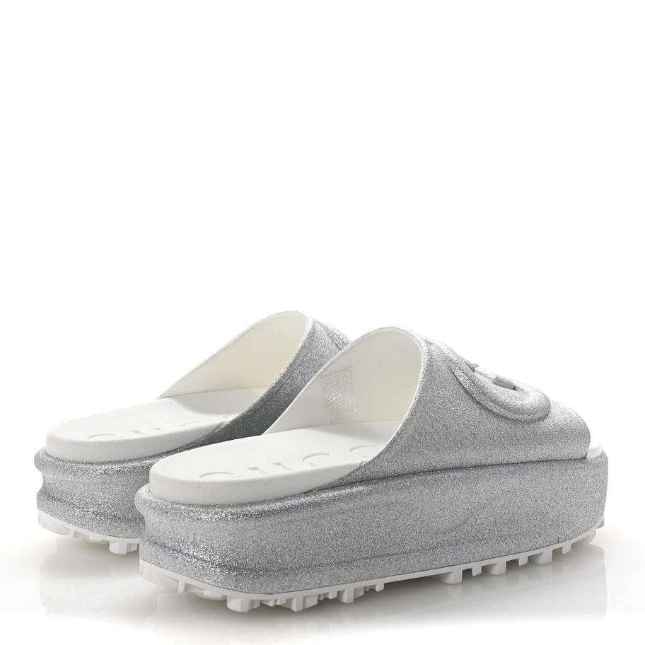 Gucci Glitter Rubber Womens InterLocking G Platform 42mm Slide Sandals 37 Silver Image 5