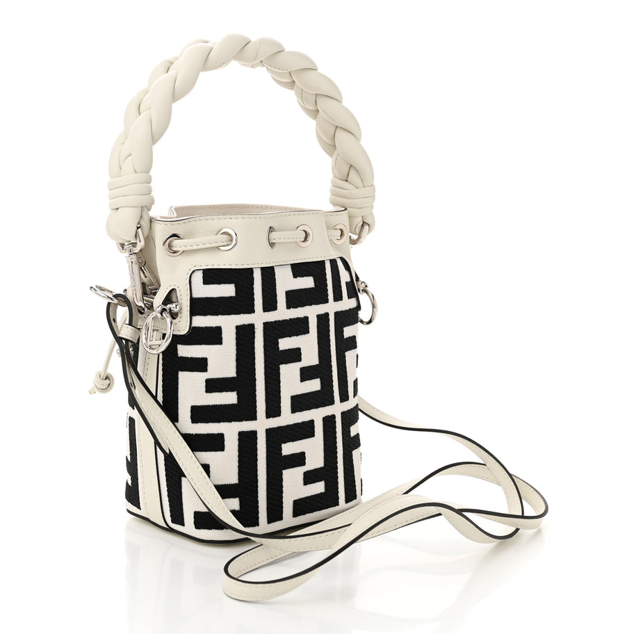Fendi Canvas Nappa F is FF Embroidered Mini Mon Tresor Bucket Bag White Black Image 3