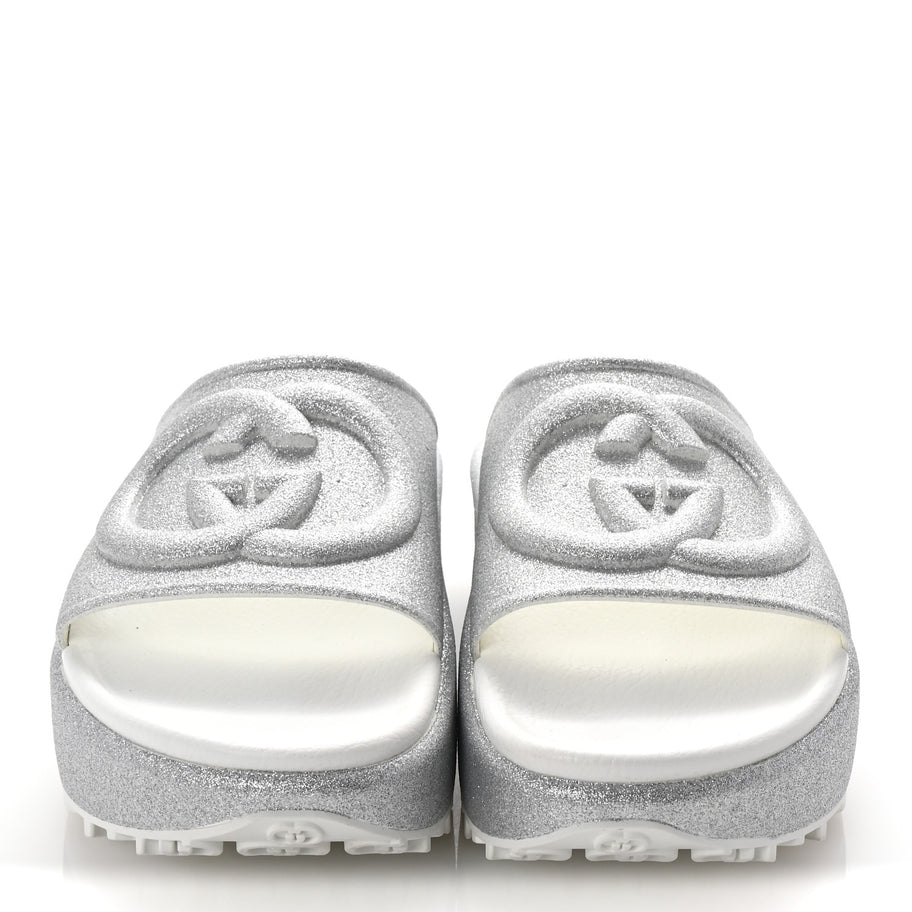 Gucci Glitter Rubber Womens InterLocking G Platform 42mm Slide Sandals 37 Silver Image 3