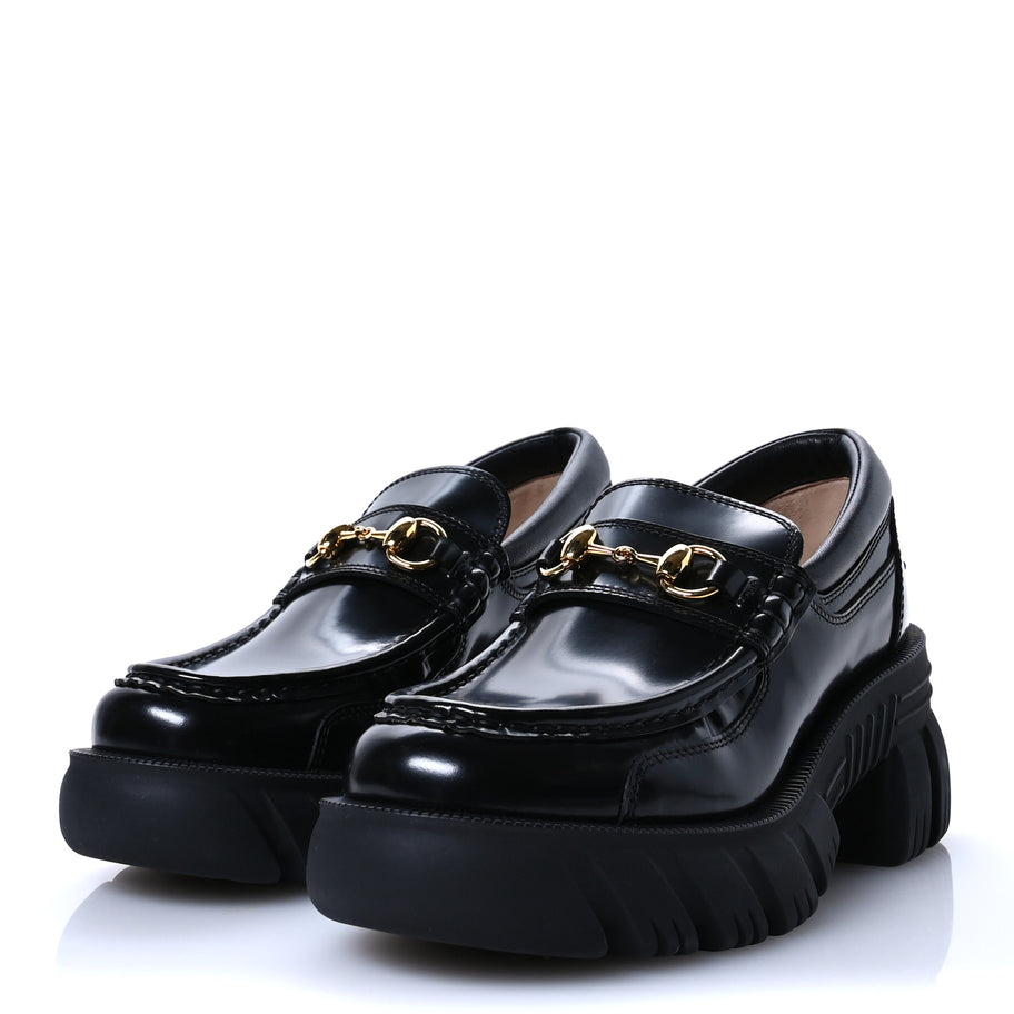 Gucci Magnum Calfskin Nappa Samoa Womens Horsebit Platform Chunky Lug Sole 40mm Loafers 35 Black Image 4