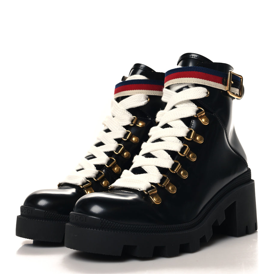 Gucci Calfskin Sylvie Web Lace Up Combat Boots 35 Black Image 4