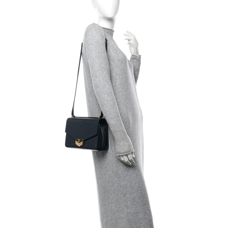  Chanel Calfskin Chevron Quilted Medal Flap Navy