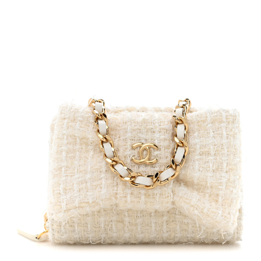 Chanel Tweed Quilted Bow Flap Card Holder On Chain White Image 1