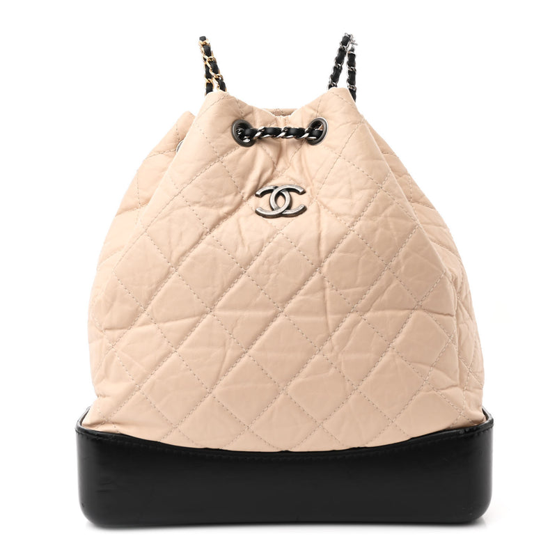  Chanel Aged Calfskin Quilted Small Gabrielle Backpack Beige Black