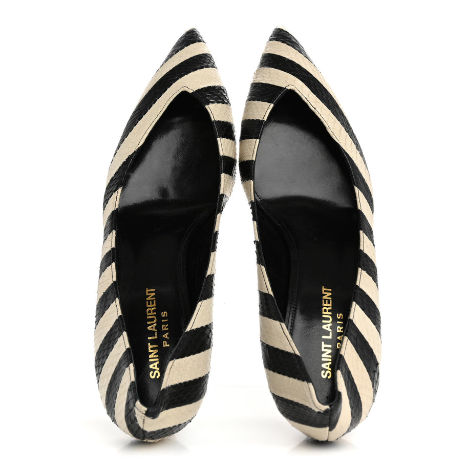 Saint Laurent Elaphe Snakeskin Striped Kiki Kitten Heel Pumps 38.5 Black Off White Image 2