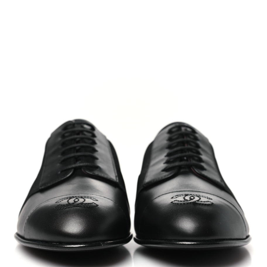 Chanel Calfskin Elastic Lace Up Cap Toe CC Loafers 37 Black Image 3