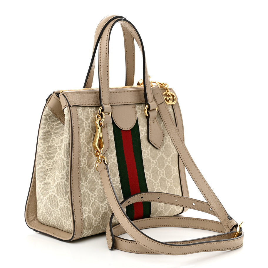 Gucci GG Supreme Monogram Textured Dollar Calfskin Web Small Ophidia Tote Bag Beige Mystic White Oatmeal Image 3