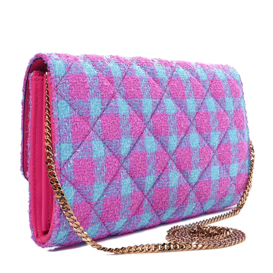 Versace Tweed Quilted Medusa Wallet on Chain Crossbody Pink Blue Image 3