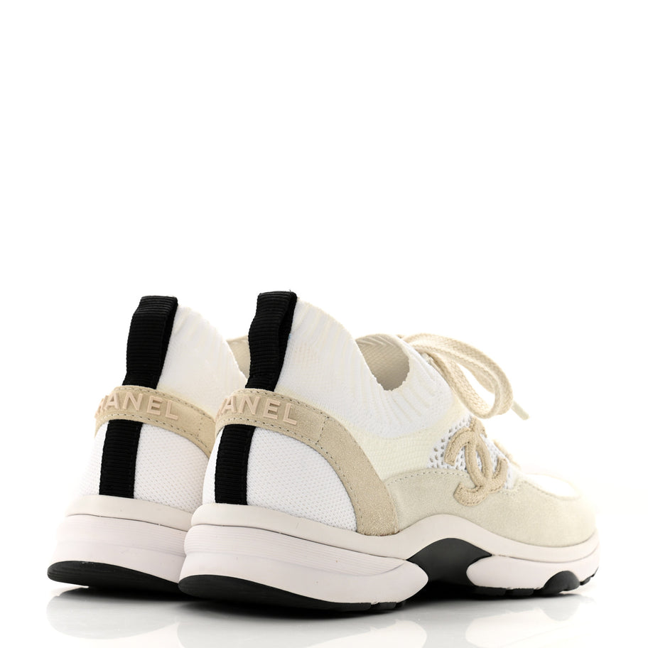 Chanel Mesh Suede Fabric Womens CC Sneakers 36 White Ivory Light Beige Image 5