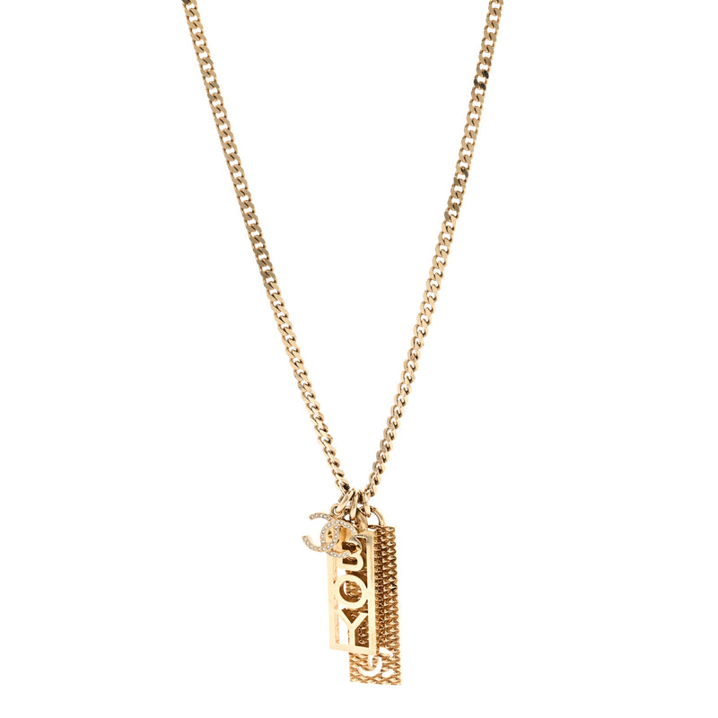  Chanel Metal Crystal CC Boy Pendant Long Necklace Gold