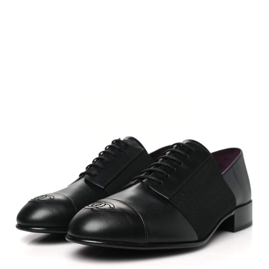 Chanel Calfskin Elastic Lace Up Cap Toe CC Loafers 37 Black Image 4