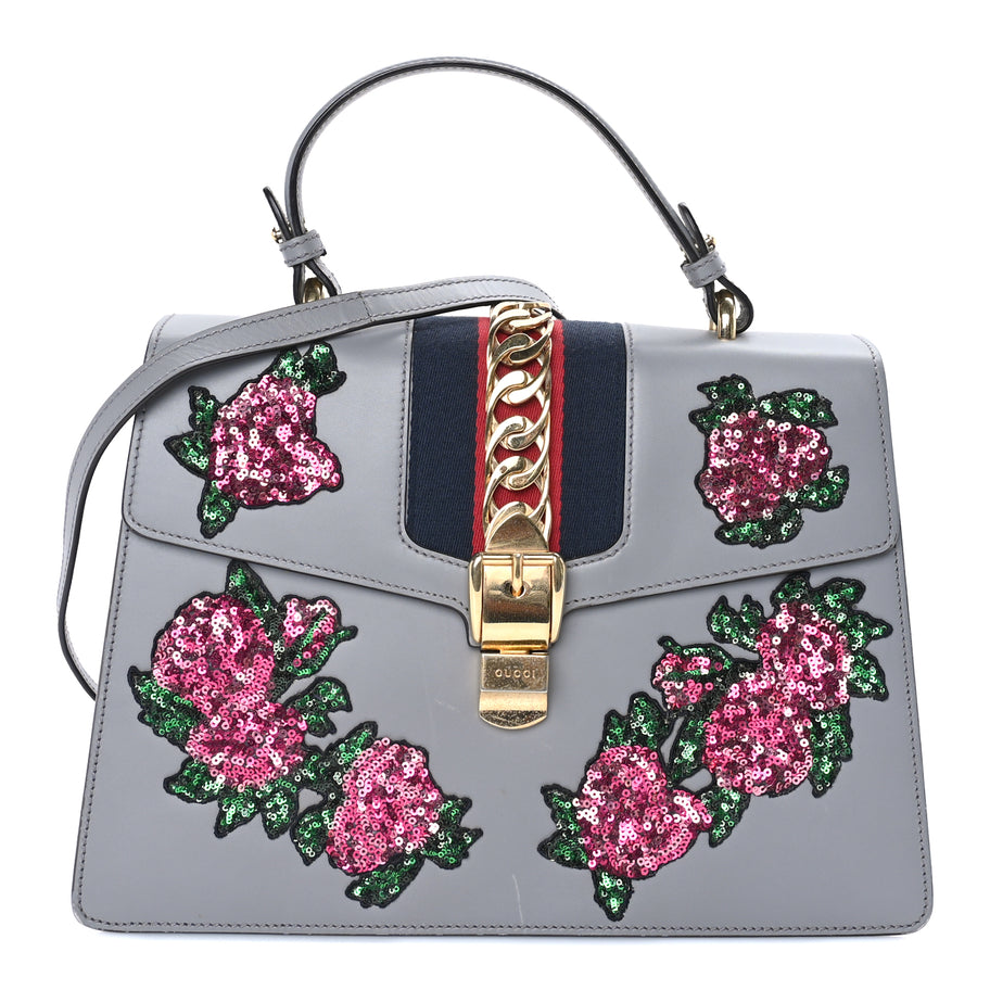 Gucci Calfskin Embroidered Sylvie Top Handle Bag Grey Image 1