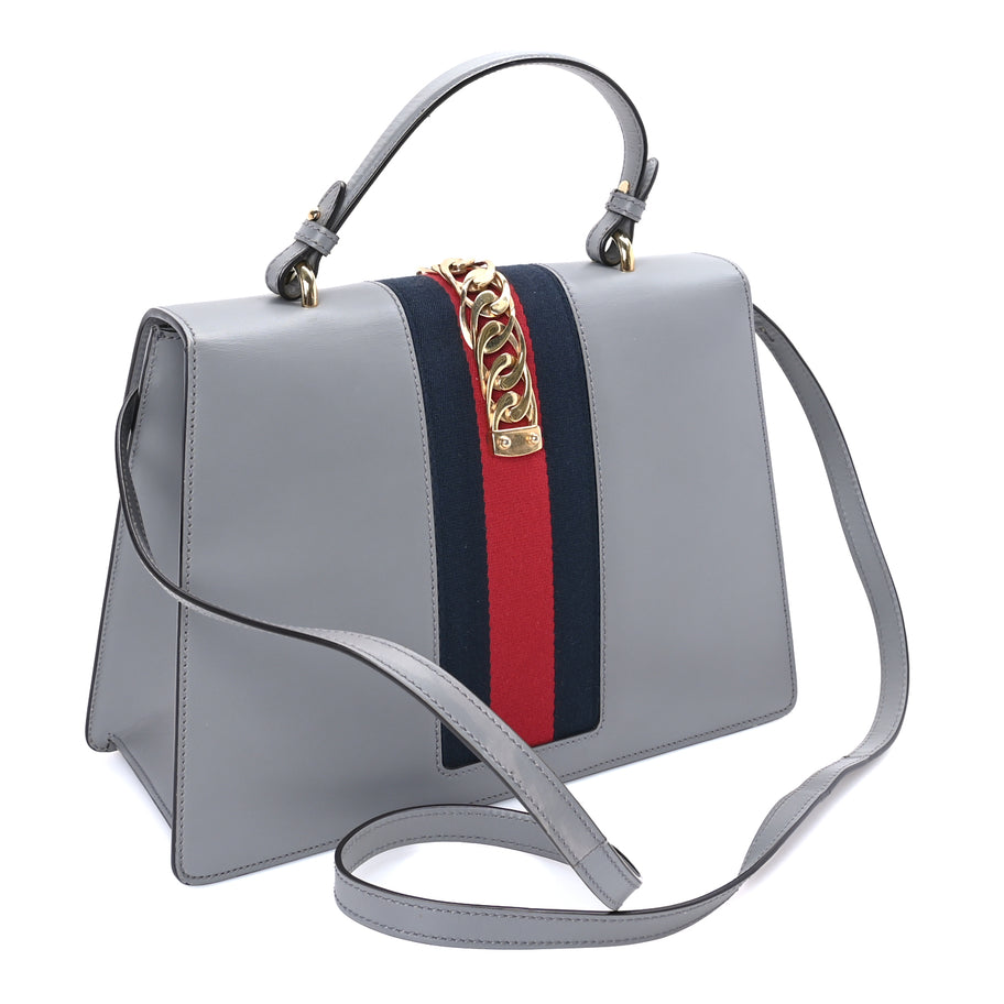 Gucci Calfskin Embroidered Sylvie Top Handle Bag Grey Image 2