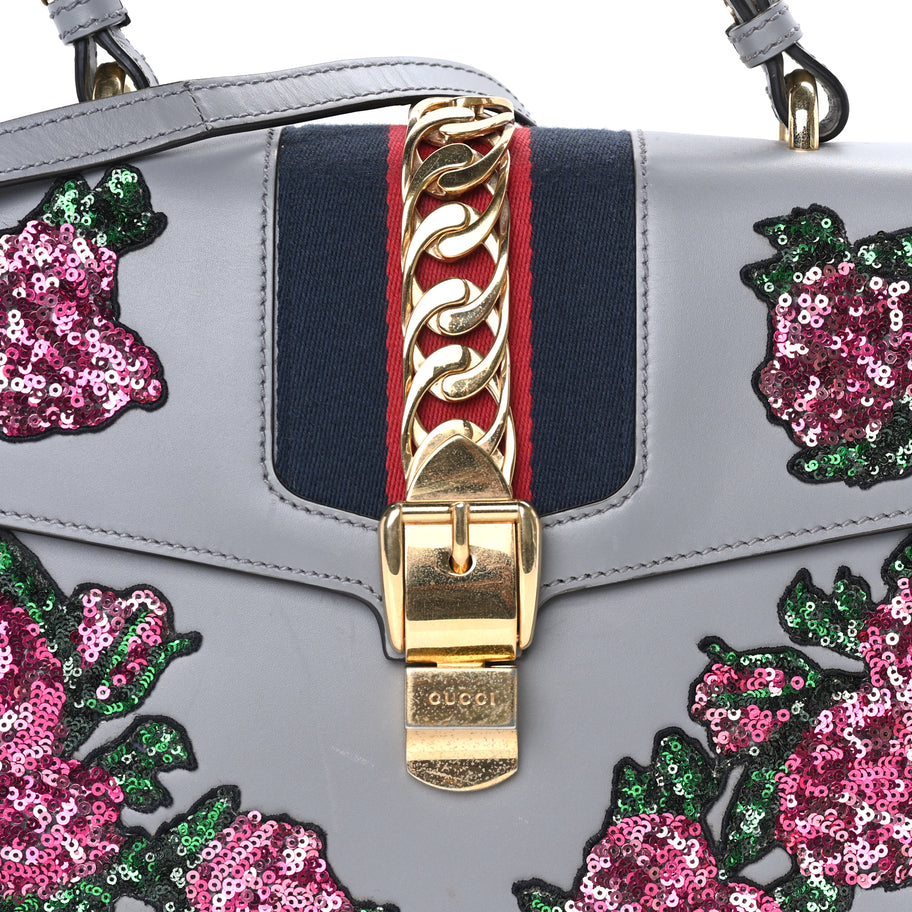 Gucci Calfskin Embroidered Sylvie Top Handle Bag Grey Image 6