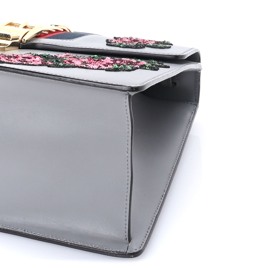 Gucci Calfskin Embroidered Sylvie Top Handle Bag Grey Image 8
