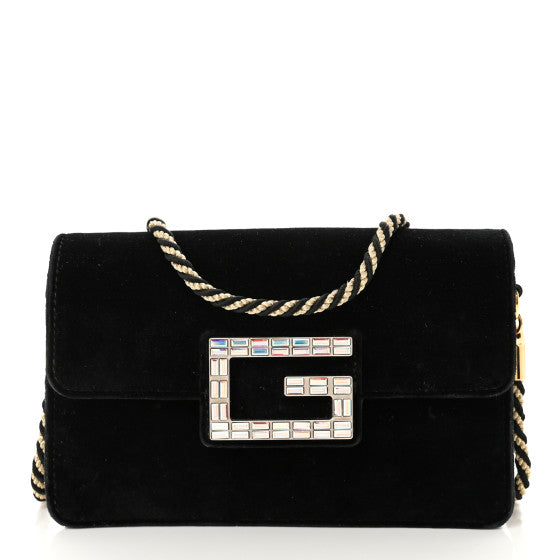 Gucci Velvet Crystal Square G Shoulder Bag Black
