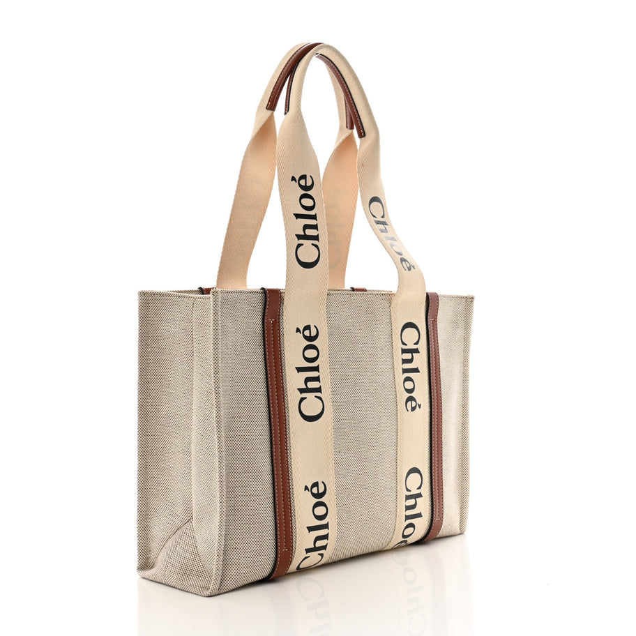Chloe Cotton Calfskin Medium Woody Ribbon Tote White Brown Image 3