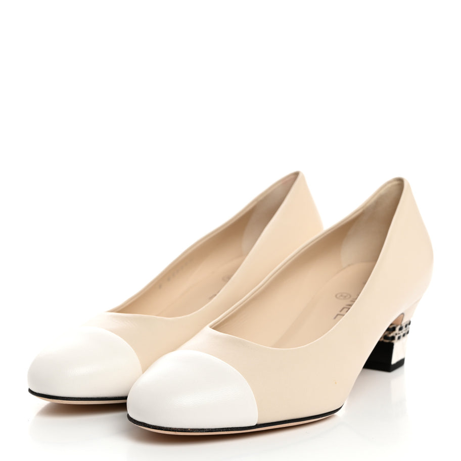 Chanel Lambskin CC Cap Toe Chain Pumps 41 Light Beige White Image 3