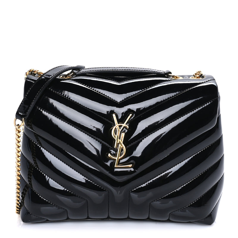  Saint Laurent Patent Y Quilted Monogram Small Loulou Chain Satchel  Black