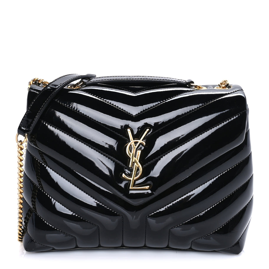 Saint Laurent Patent Y Quilted Monogram Small Loulou Chain Satchel  Black Image 1
