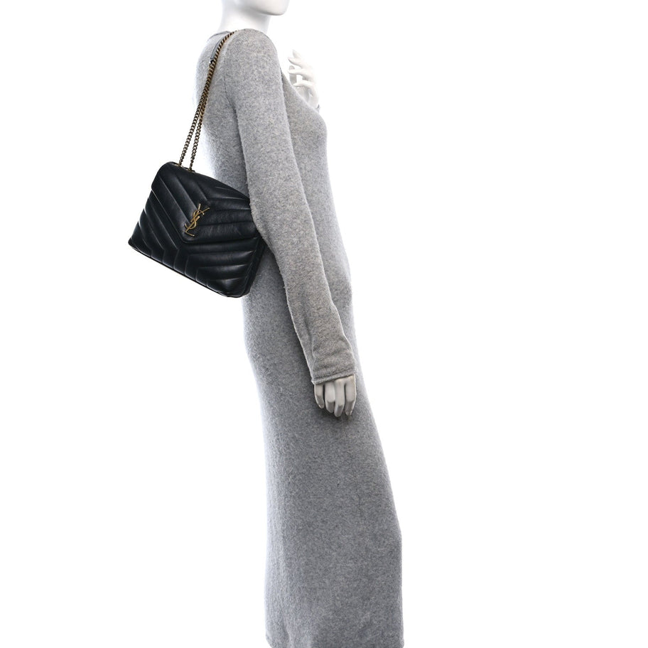 Saint Laurent Calfskin Y Quilted Monogram Small Loulou Chain Satchel Black Image 2