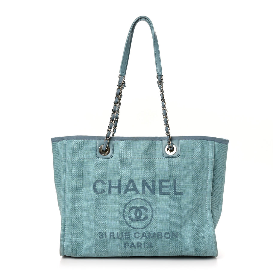 Chanel Mixed Fibers Striped Small Deauville Tote Blue Image 1