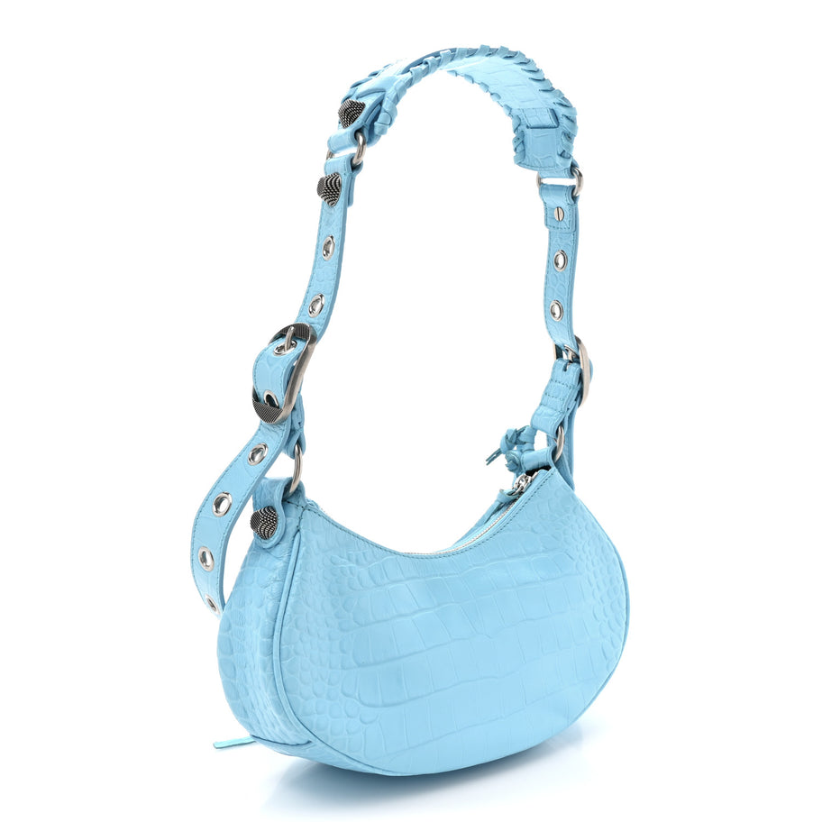 Balenciaga Extra Supple Calfskin Crocodile Embossed Le Cagole Shoulder Bag XS Sky Blue Image 3