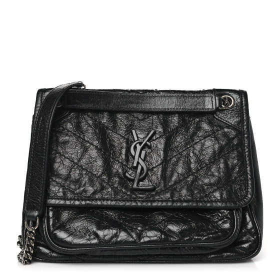  Saint Laurent Crinkled Calfskin Matelasse Monogram Baby Niki Chain Satchel Black
