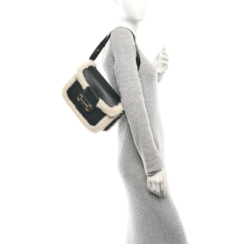 Gucci Sakai Be Green Calfskin Shearling Horsebit 1955 Shoulder Bag Black