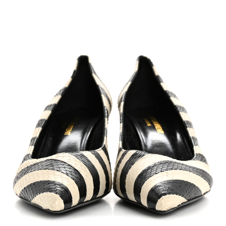 Saint Laurent Elaphe Snakeskin Striped Kiki Kitten Heel Pumps 38.5 Black Off White Image 3