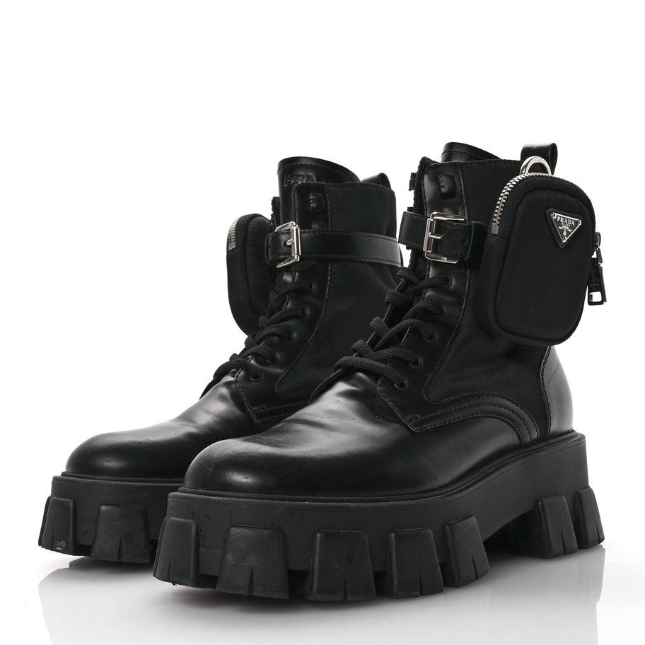 Prada Spazzolato Rois Nylon Metal Triangle Logo Monolith Pouch Pocket 55mm Boots 38.5 Black Image 4