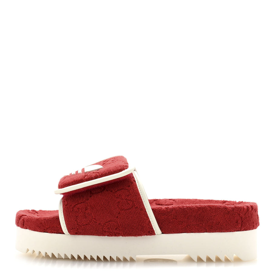 Gucci X ADIDAS Terry Cloth Trefoil GG Monogram Womens Platform Sandals 38 Maple Red Off White Image 1