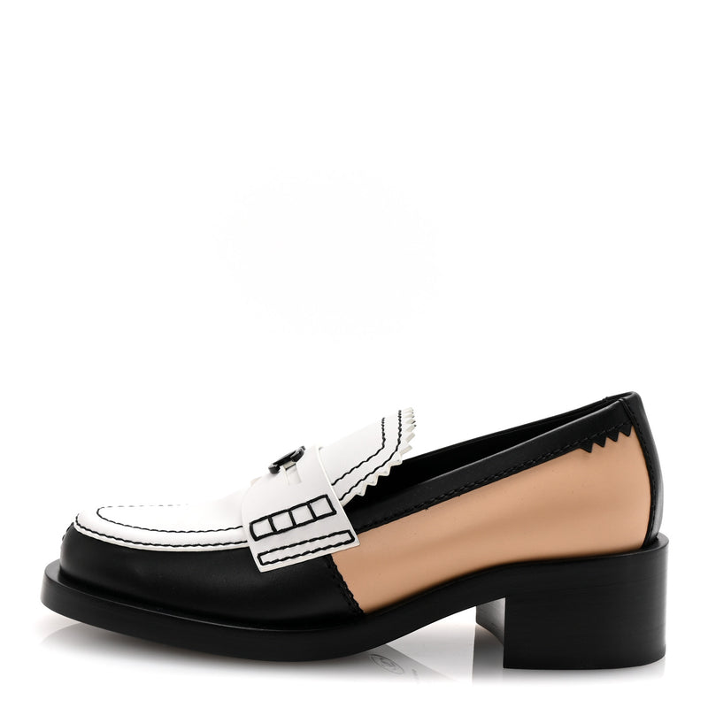  Chanel Calfskin CC Loafers 38 Black White Beige