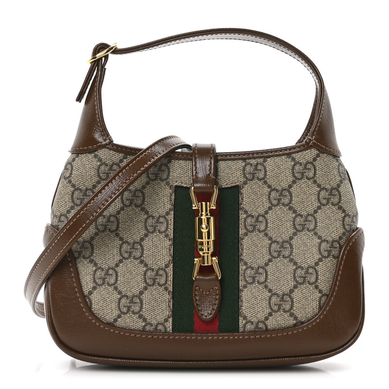  Gucci GG Supreme Monogram Azalea Calfskin Web Mini Jackie 1961 Hobo Beige Ebony Brown Sugar