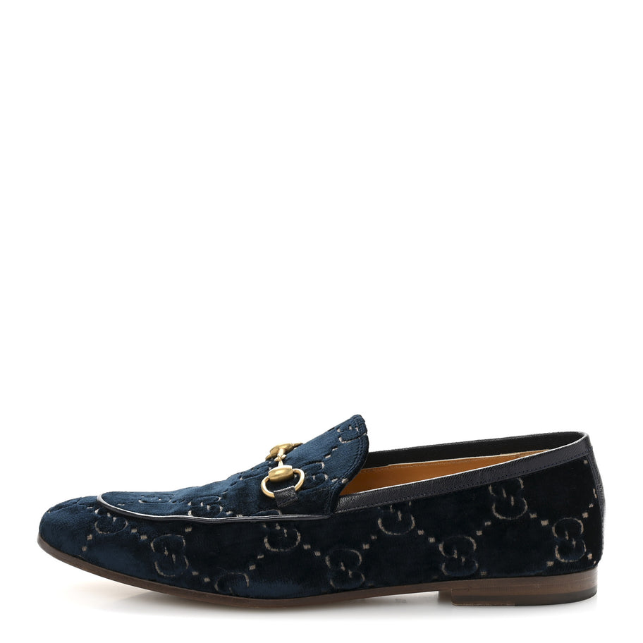 Gucci Velvet GG Monogram Horsebit Mens Jordaan Loafers 8.5 Blue Beige Image 1