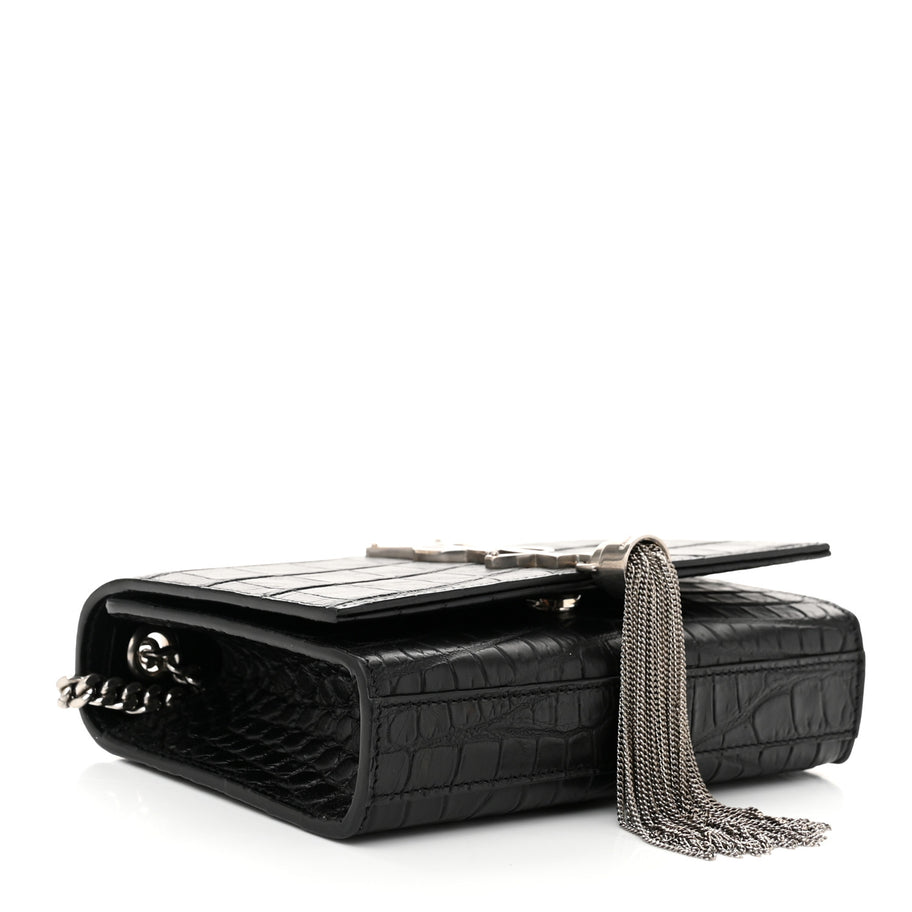 Saint Laurent Calfskin Crocodile Embossed Small Classic Monogram Kate Tassel Satchel Black Image 4