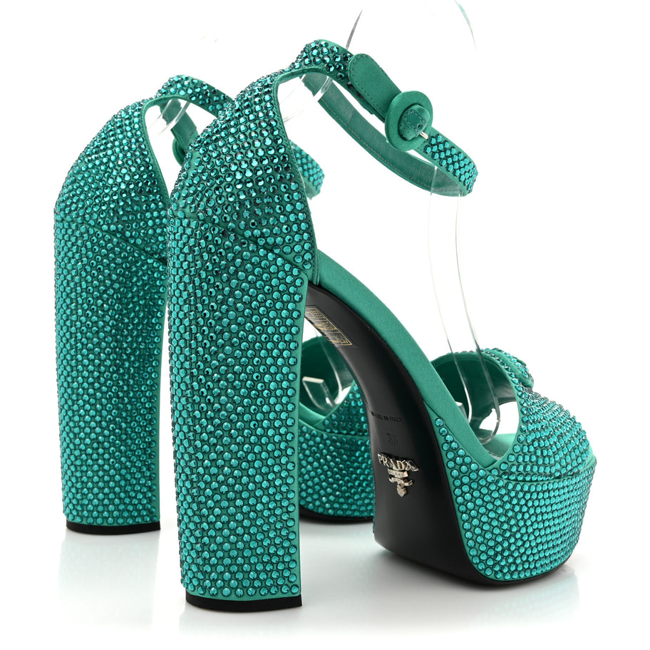 Prada Satin Crystal Triangle Logo 40/135mm Platform Sandals 38 Mango Image 5