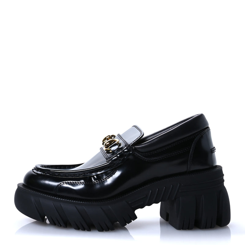 Gucci Magnum Calfskin Nappa Samoa Womens Horsebit Platform Chunky Lug Sole 40mm Loafers 35 Black
