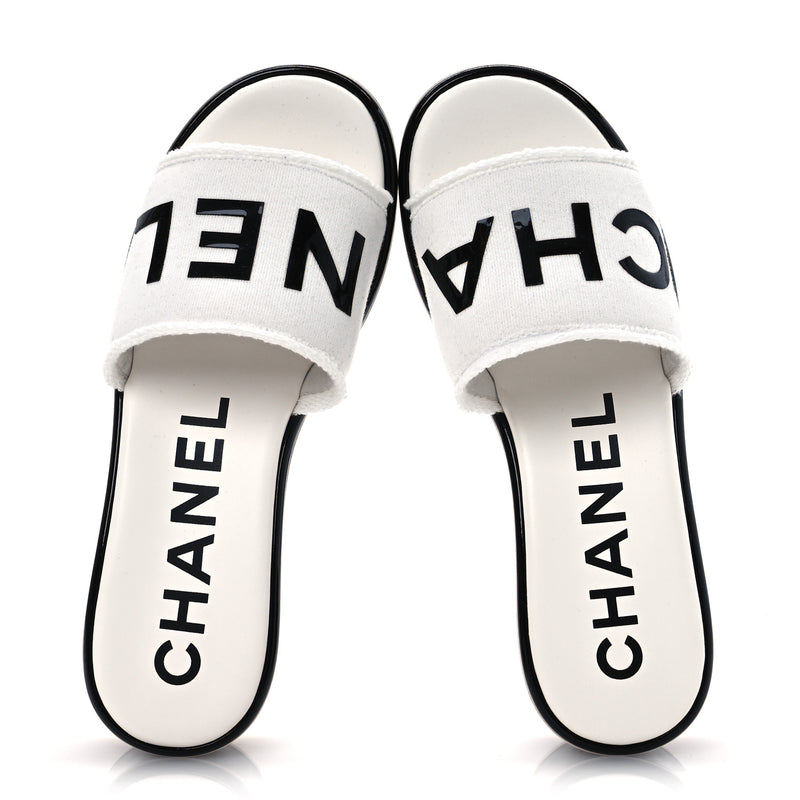  Chanel Cotton Logo Mule Sandals 39 White Black