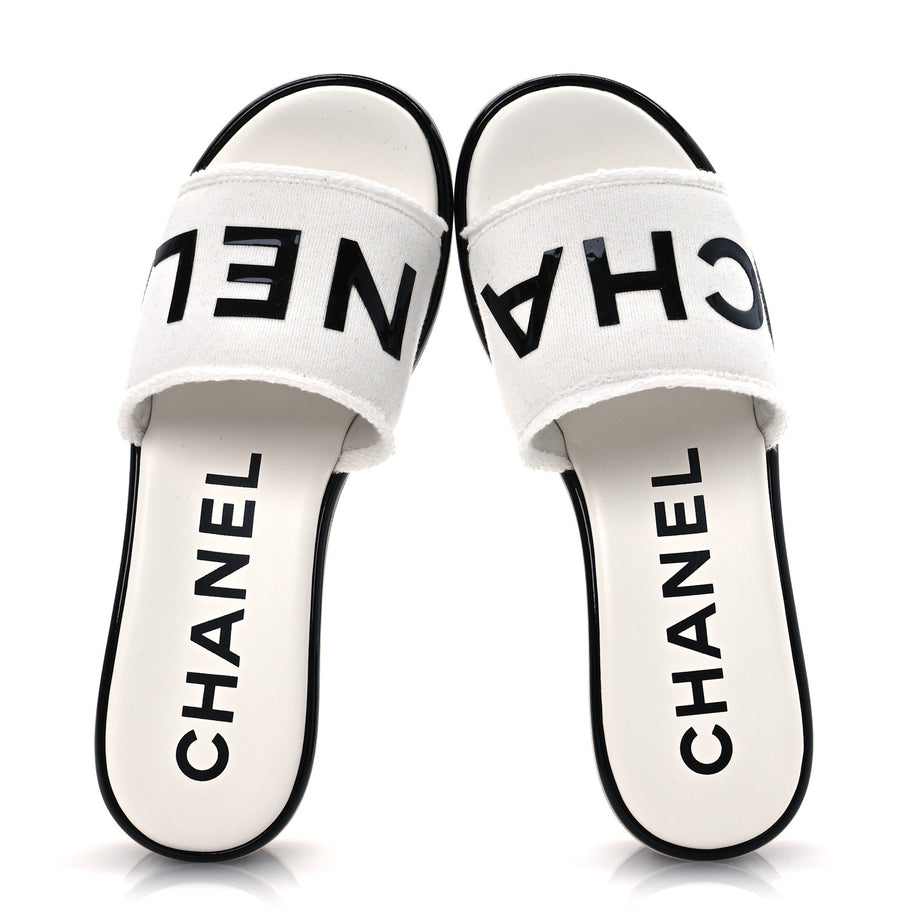 Chanel Cotton Logo Mule Sandals 39 White Black Image 2